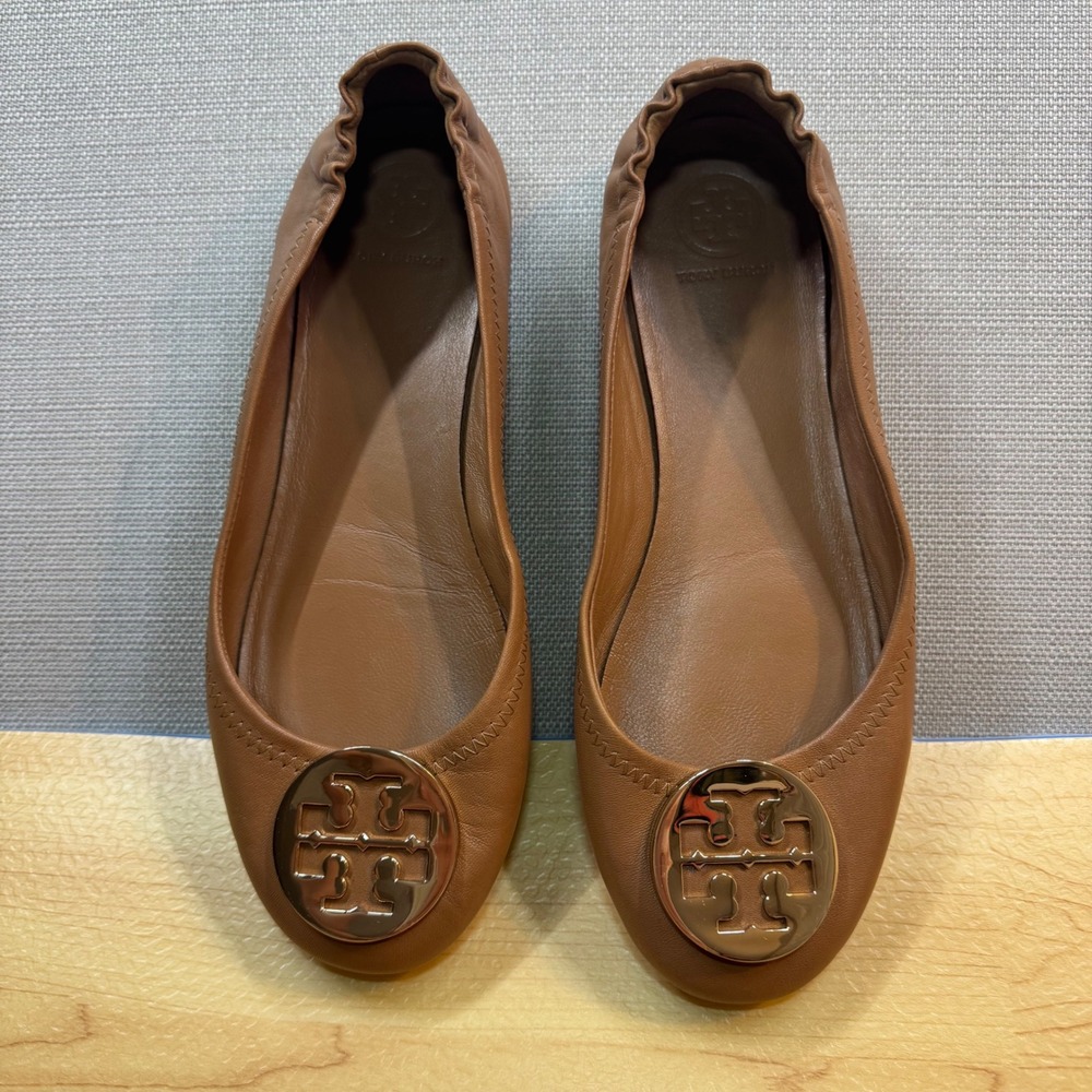 Tory Burch Womens Minnie Travel Ballet Flats Leather Royal Tan Size 7.5